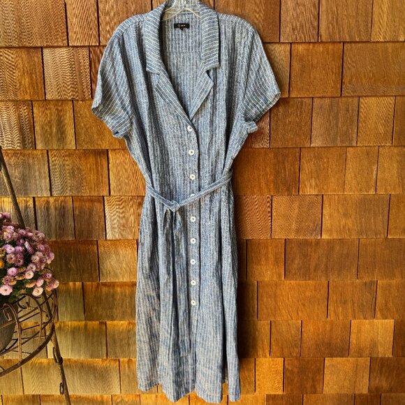 EUC Quince Blue Stripe Short Sleeve Button Front 100% Linen Shirt Dress X-Large - Picture 1 of 11